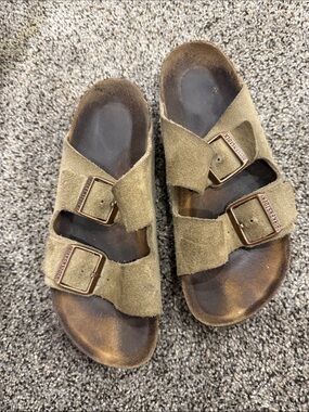 Birkenstock Arizona Suede Sandals in Olive Green with Bronze Buckles
